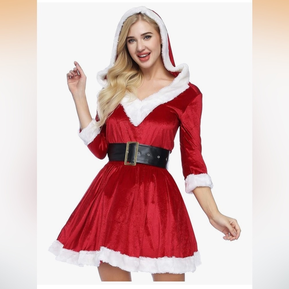 NWT Mrs. Claus Costume Hooded Santa Dress 2X 2 piece Belt and Dress Cosplay